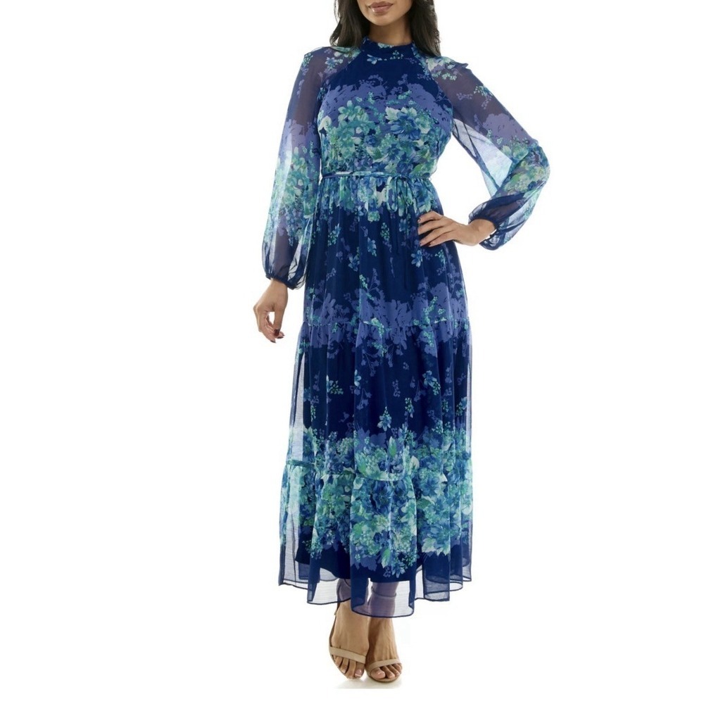 NWT Maison Tara High Neck Chiffon Maxi Dress 10 Romantic Blue Aqua Floral No Tie